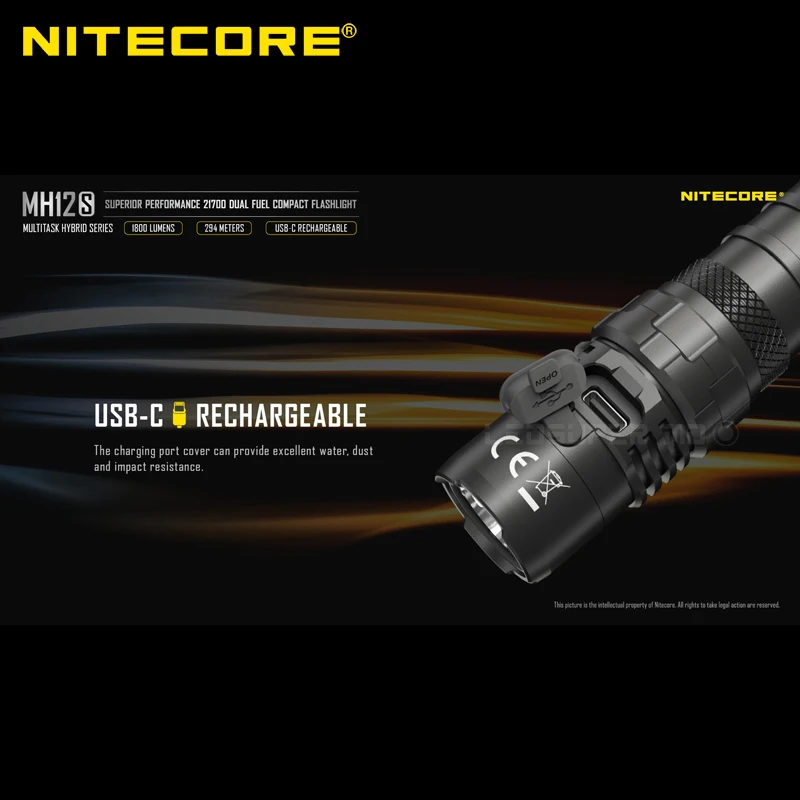 Pаспродажа Высокопроизводительный компактный двухтопливный фонарик NITECORE MH12S 1800 люмен 21700 с литий-ионным аккумулятором 5000 мАч