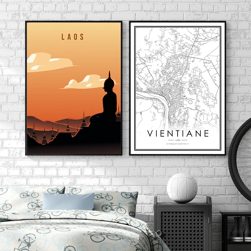 VIENTIANE Карта города плакат Лаос страна путешествия иллюстрация Художественная