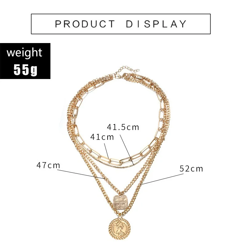 

Rose gold metal geometric simple retro portrait coin pendant necklace geometric alloy multilayer necklace Water-wave Chain