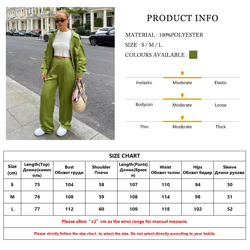 

Clacive Green Satin Pants Set Woman 2 Pieces Fashion Lapel Long Sleeve Blouses Matching High Waist Wide Leg Trousers Suit Women