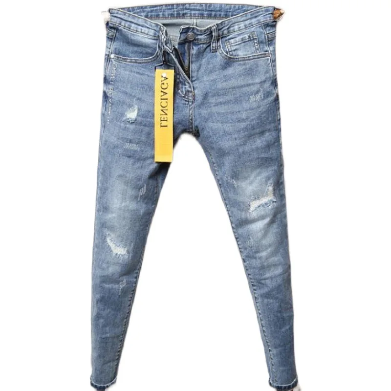 

Men's denim Jeans Tide Brand Summer Thin Personality Letter Embroidery Hole Patches Slim teenager pencil Pants Long Pants