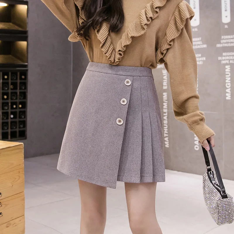 

Irregular Woolen Plaid Pleated Skirt Female Autumn And Winter New High Waist A-line Skirt Women Single-breasted Skirt Women
