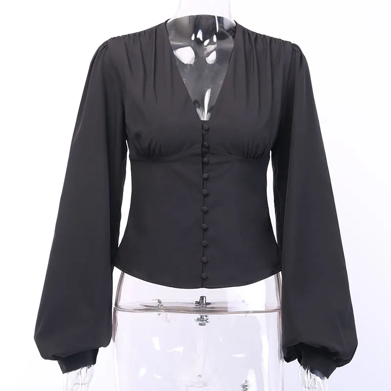 

Blouses Woman 2020 Sexy Deep V-Neck Black Button Lantern Long Sleeve Slim Fashion Autumn New Elegant Lady Shirt Top