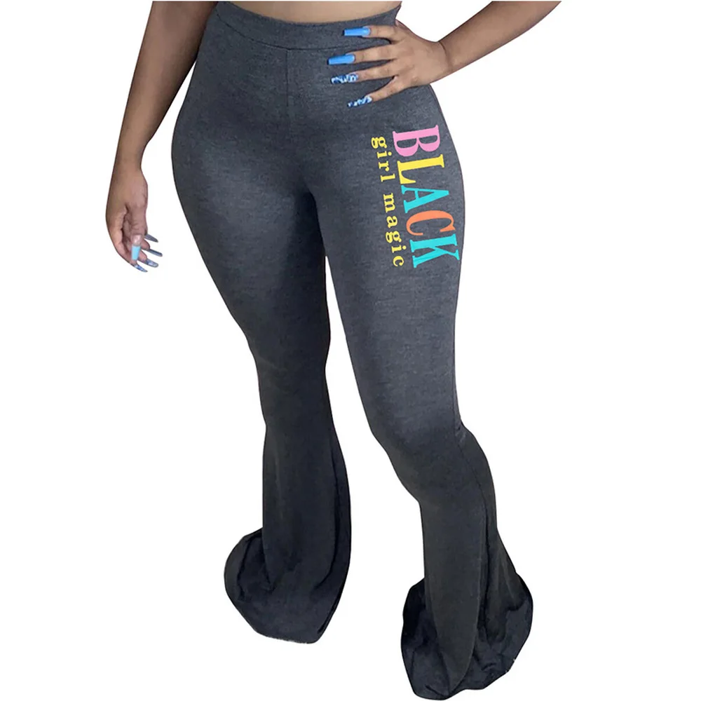 

Letter Print High Street Bell Bottom Legging Women Stylish Push Up High Waist Bandage Pant Office Lady Casual Wide Leg Trousers