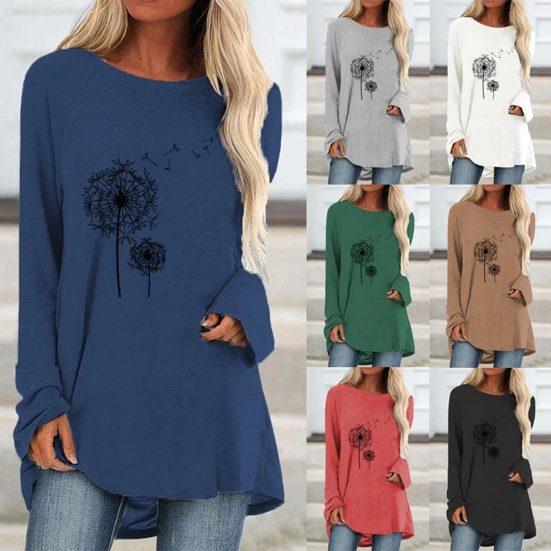 

Women Autumn and Winter Solid Color Fashion Women Printing Graphic Tee Long Sleeve Round Neck Loose Casual Shirt XS-5XL