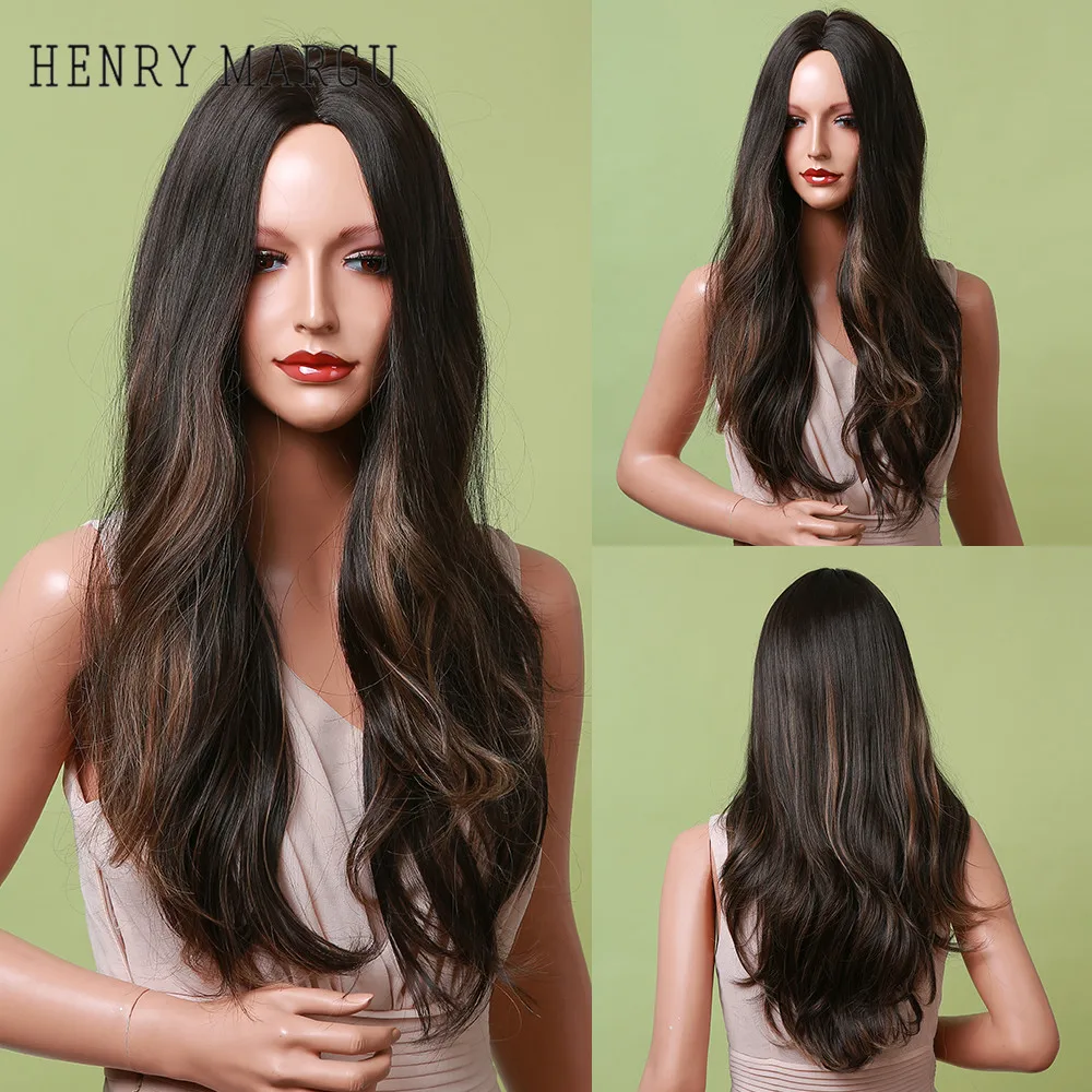 

HENRY MARGU Natural Long Wave Black Brown Highlight Wig Middle Part Daily Synthetic Hair Wig for Black Women Afro Heat Resistant