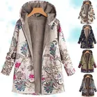 Женское теплое пальто с цветочным принтом, винтажная зимняя куртка с длинным рукавом и карманами, с капюшоном, пальто, женская флисовая верхняя одежда на молнии