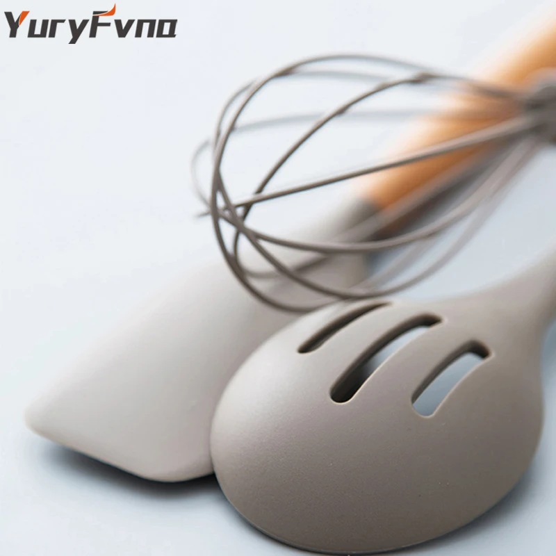 YuryFvna, силиконовая кухонная утварь с деревянной ручкой, кухонные инструменты, щипцы, лопатка, ложка, венчик, посуда с антипригарным покрытием