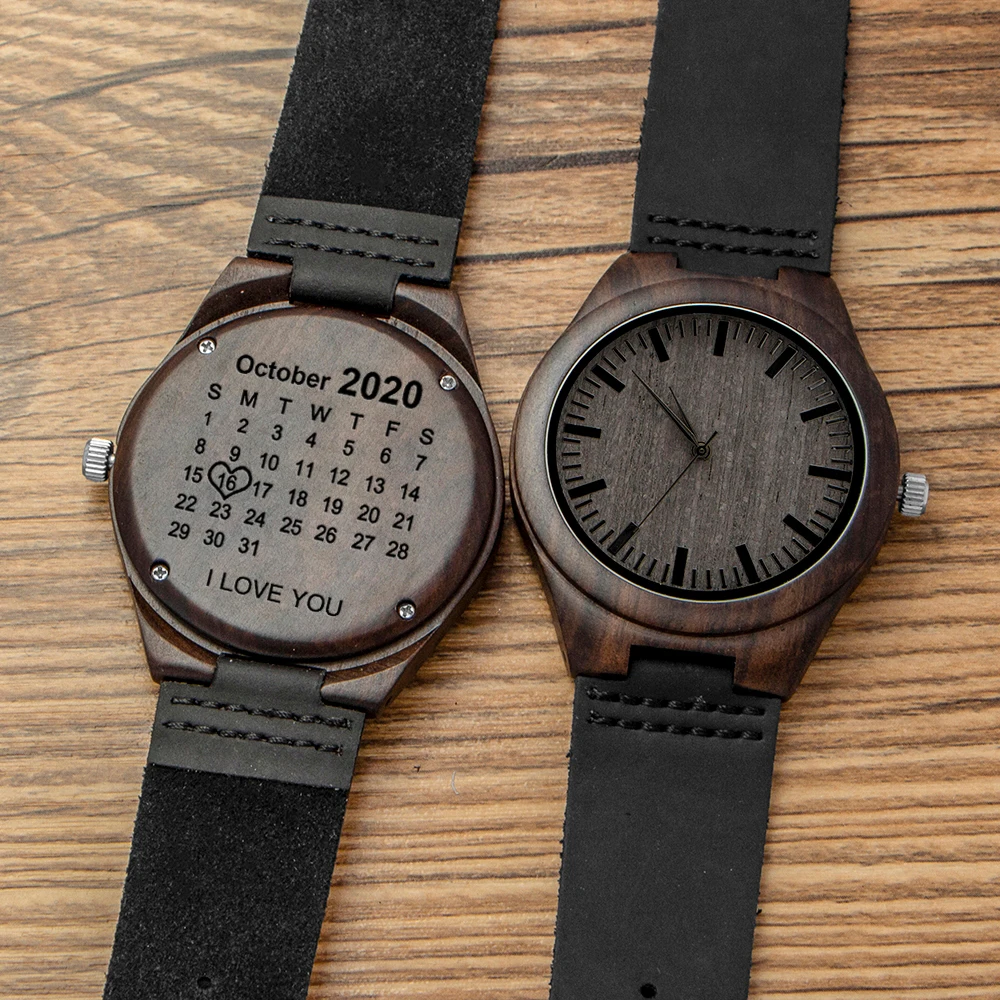 Индивидуальные деревянные часы для вашего собственного имени мужские с кожаным