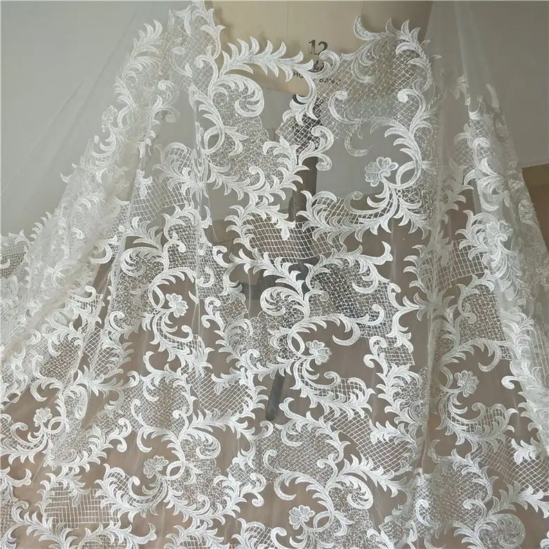 

Bridal Fabric, Off White Geometric Mesh Lace Fabric, Sequined Beaded Tulle Fabric, Wedding Dress Fabric 53" Width 1 Yard