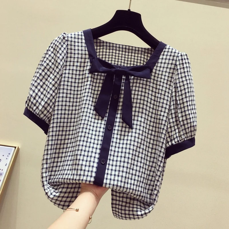 

Женская блузка, летняя шифоновая рубашка с рукавами-фонариками, квадратным воротником и бантом в клетку, милая корейская модная винтажная р...