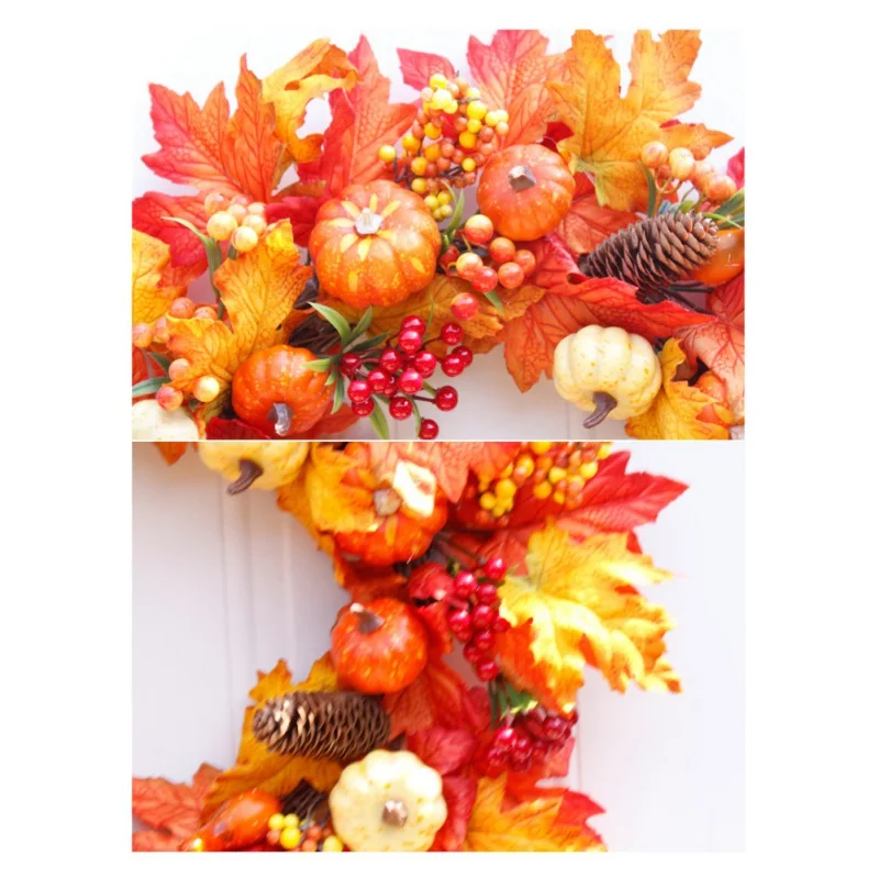 

60CM Wreaths Autumn Holiday Artificial Pumpkin Maple Leaves Wreath Thanksgiving Day Front Door Wall Hanging Garland Dropshipping