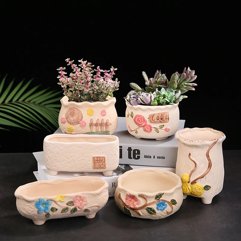 

Korean Classic Hand Painted Succulent Porcelain Flowerpot Simple Green Plant Ceramic Potted Art Ornament Home Creative Gardening