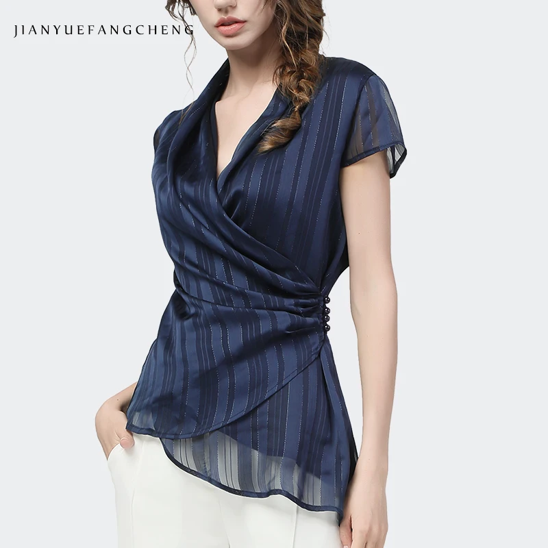 Шифоновая Блузка в синюю полоску с коротким рукавом и пуговицами