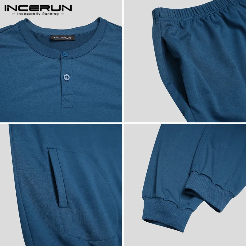 

Leisure Pajamas Sets Winter Men Solid Sleepwear Suits INCERUN Long Sleeve Tops And Elastic Pants Nightgown Men Warm Homewear 5XL