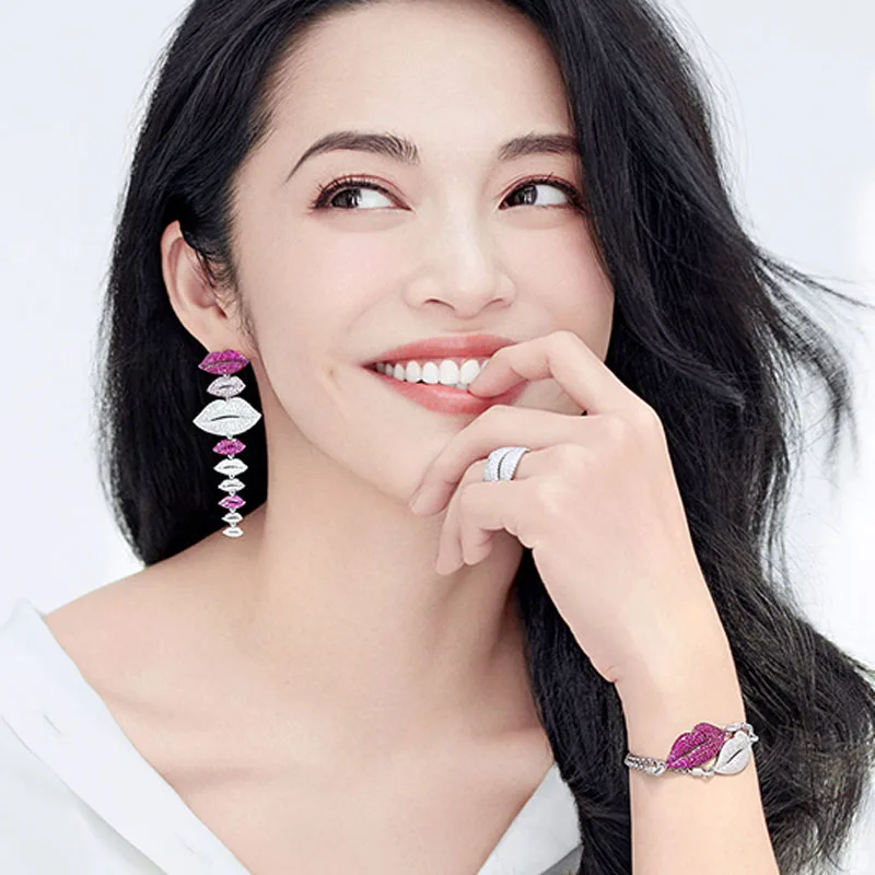 

Luxury 925 Sterling Silver Sexy White Red Lip Finger Rings Cubic Zirconia Stones Yao Chen Collection Women Fine Jewelry