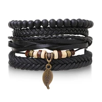ifmia black men bracelets vintage multilayer leather braid bracelets bangles leaf handmade rope wrap bracelets male gift jewlery