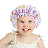 new floral print satin shower cap for kids waterproof bath hat double layer with elastic band baby soft headcover