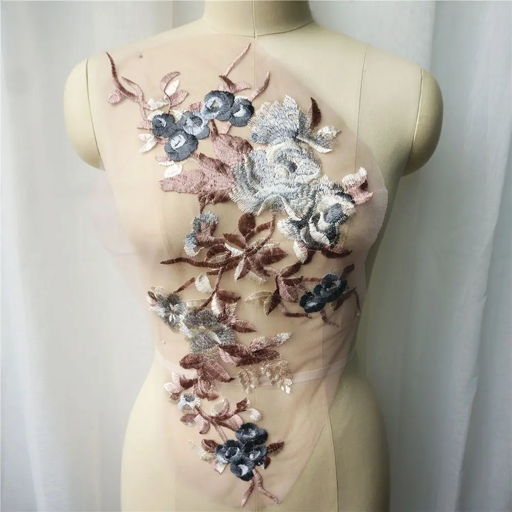 Синяя коричневая красная серая вышитая Цветочная кружевная ткань аппликации