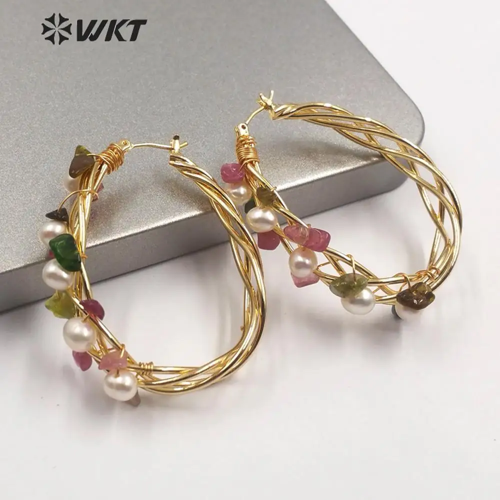 WT-E588 WKT, серьги с натуральным жемчугом, серьги с проволочной оплеткой из жемчуга, серьги с разноцветными Каменными бусинами, модное ювелирное изделие для женщин
