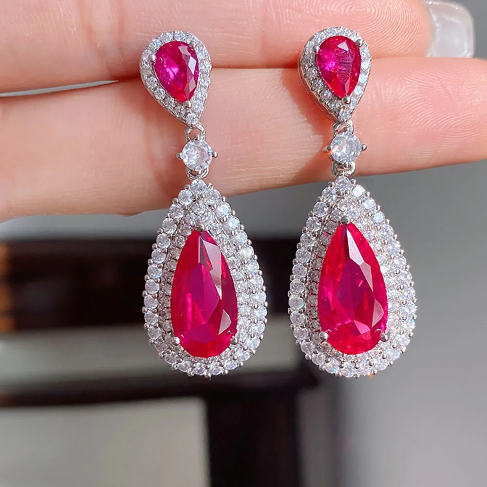 

KNRIQUEN 925 Sterling Silver 8*16MM Water Drop Paraiba Tourmaline Emerald Lab Diamond Ruby Drop Earrings Wedding Jewelry Gift