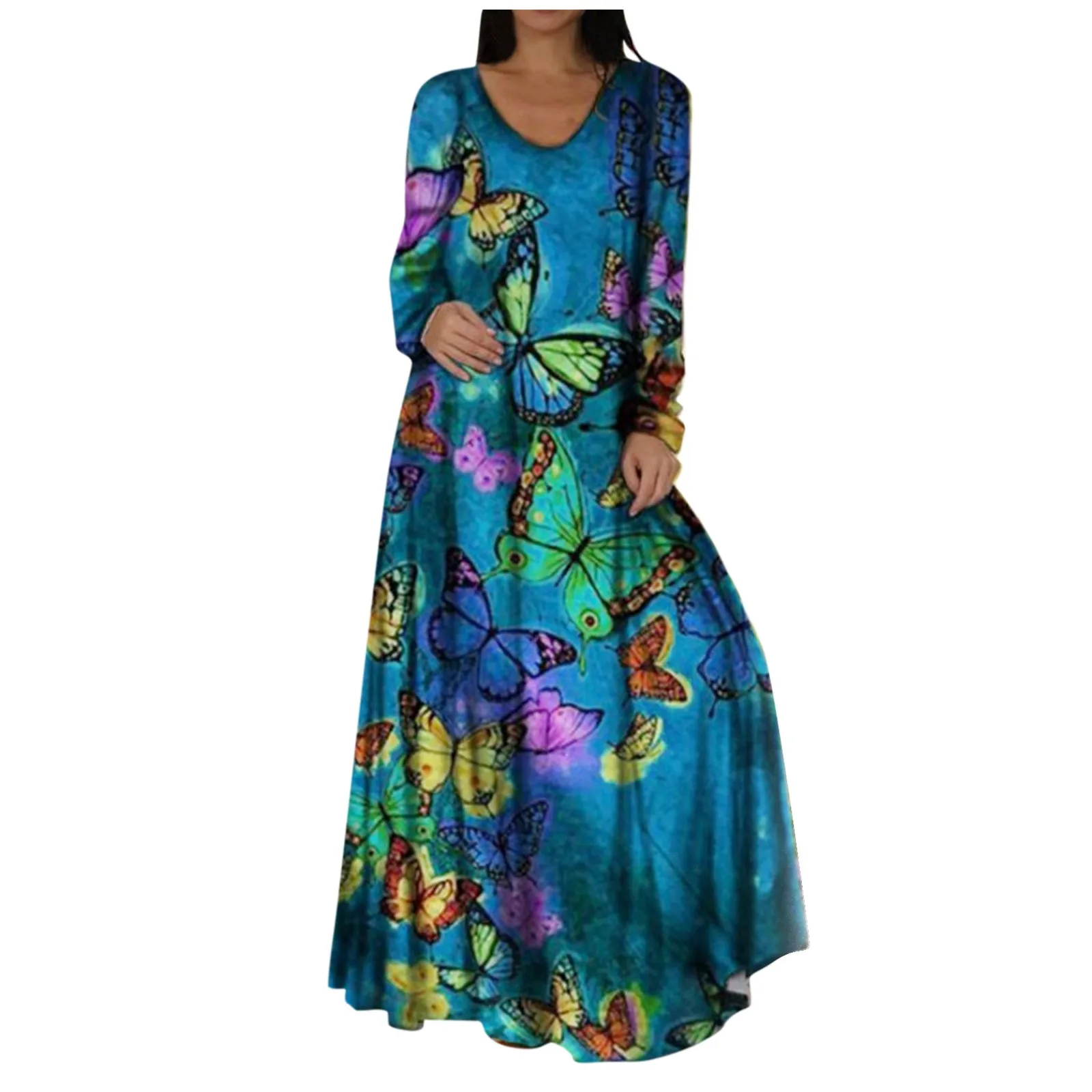 Винтажное осеннее Свободное длинное платье с принтом бабочки женское свободное