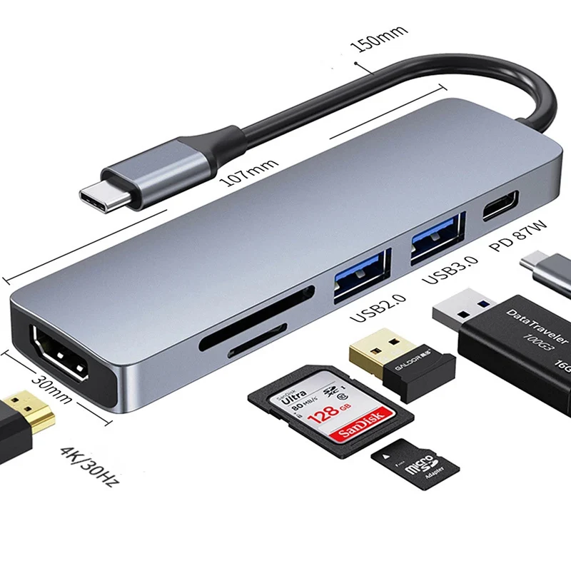

Док-станция USB Type-C/HDTV, 6 в 1, 4K, со слотом для чтения карт памяти 3,0 TF, SD, PD, для MacBook Pro/Air/Huawei Mate