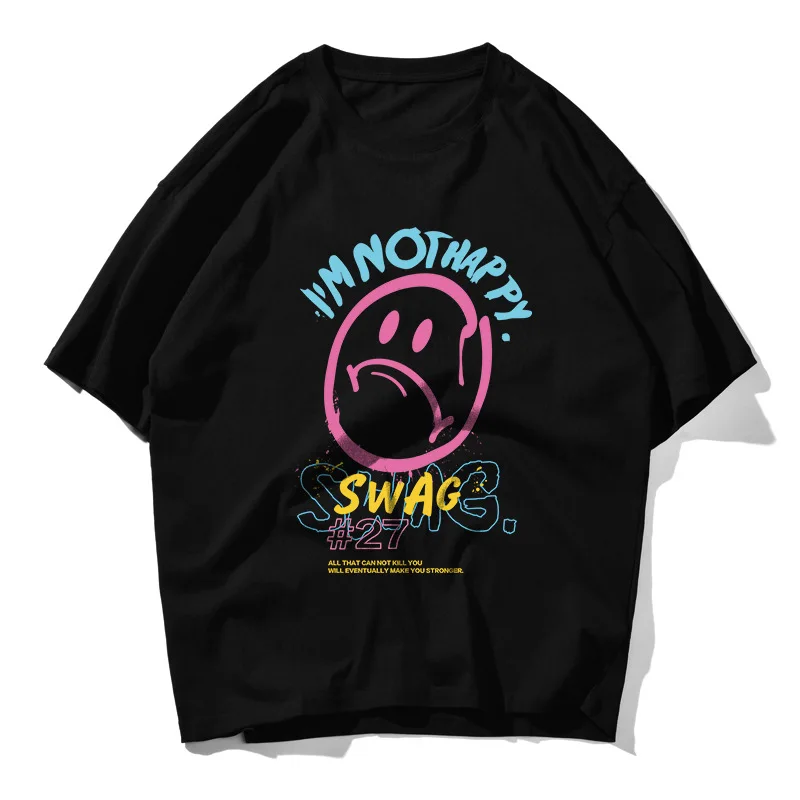 

American Style High Street Smiley Face Print Men's T-shirt Cotton Loose Oversized Wild Fashion Short-sleeved Retro Hip-hop