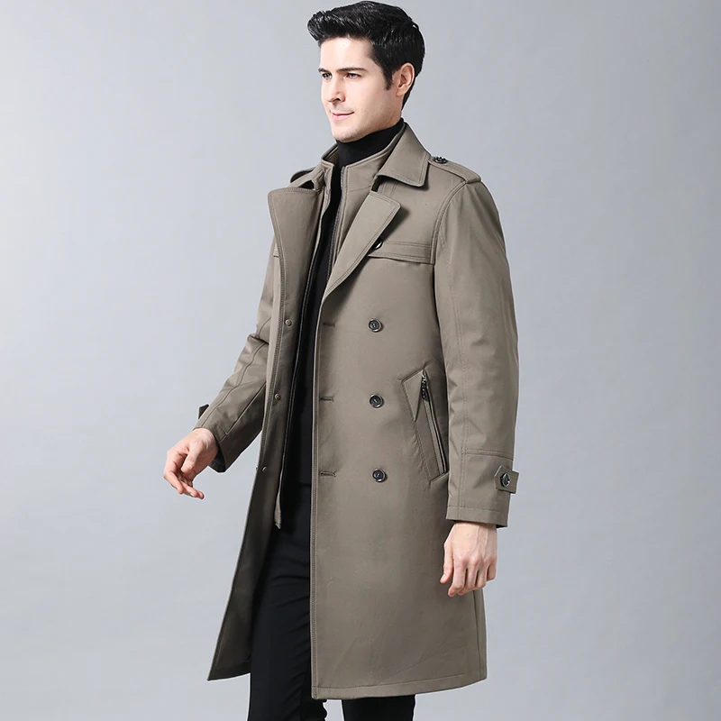 Осенний мужской Тренч ветровка длинная однотонная куртка с двубортным
