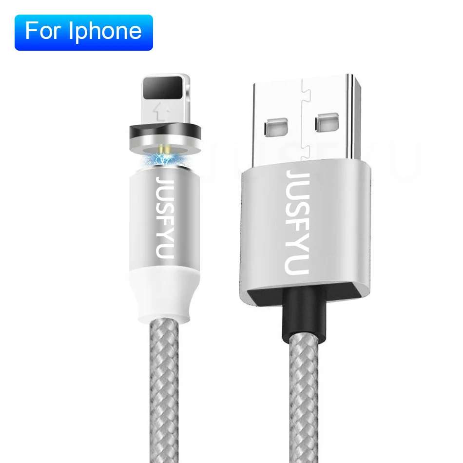 Silver For iPhone Магнитный кабель 1 м, нейлоновый Плетеный светодиодный кабель для мобильного телефона type C Micro USB C, магнитный кабель для зарядного устройства для Apple iPhone Xs 7 8 6 11 Pro Max samsung - Цвет: Silver For iPhone