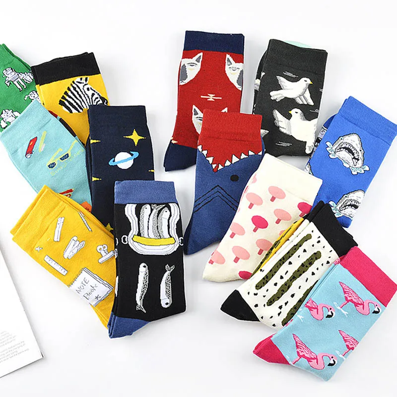 Носки мужские из чесаного хлопка с мультяшными животными птицами акулой зеброй