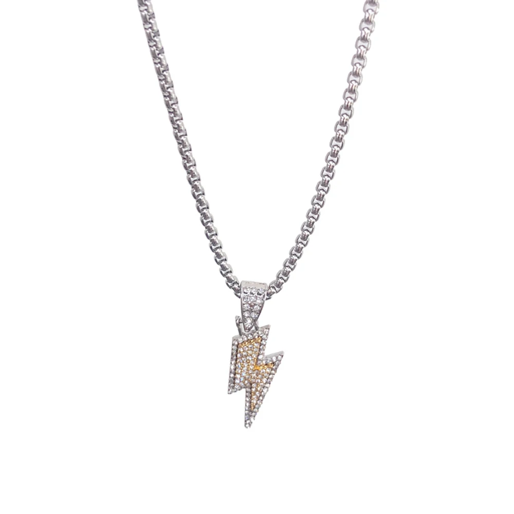 

Men's Hip Hop Zircon Lightning Pendant Necklace Titanium Steel Chain Iced Out Bling HipHop Necklace For Men Women Jewelry