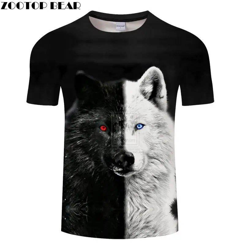 Ying and Yang Wolf Мужская футболка уличная Повседневная 3D Футболка Harajuku Топ черный