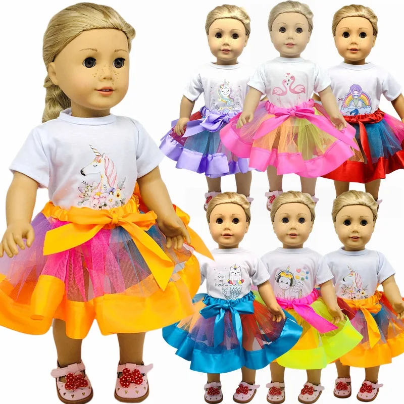 

Новый узор, модная футболка, красочная пряжа, юбка, костюм, подходит для 18 дюймов, американский и 43 см, одежда для новорожденных, кукол, аксесс...