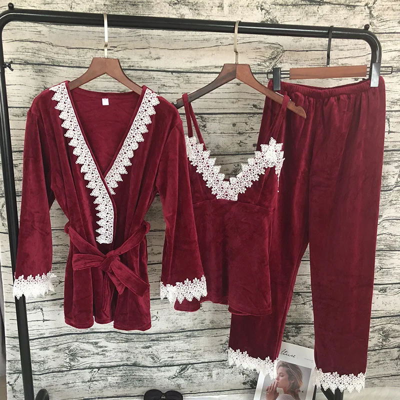 Бархатный пижамный комплект из 3 предметов Фланелевая пижама сексуальный