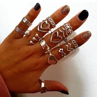 17 pcs set hollow heart leaves pattern silver metal ring set creative retro open ring multi layer joint ring set for women new
