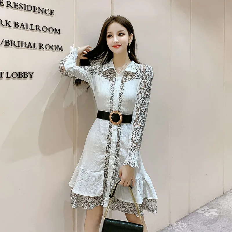 Весеннее новое французское элегантное кружевное открытое шифоновое платье