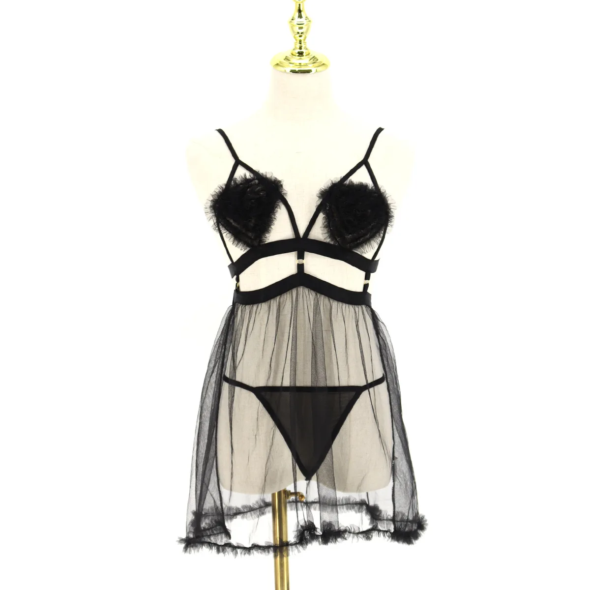 

Yueli high end sexy perspective mesh hollow out sexy underwear peach heart transparent sling backless pajamas female yl2075
