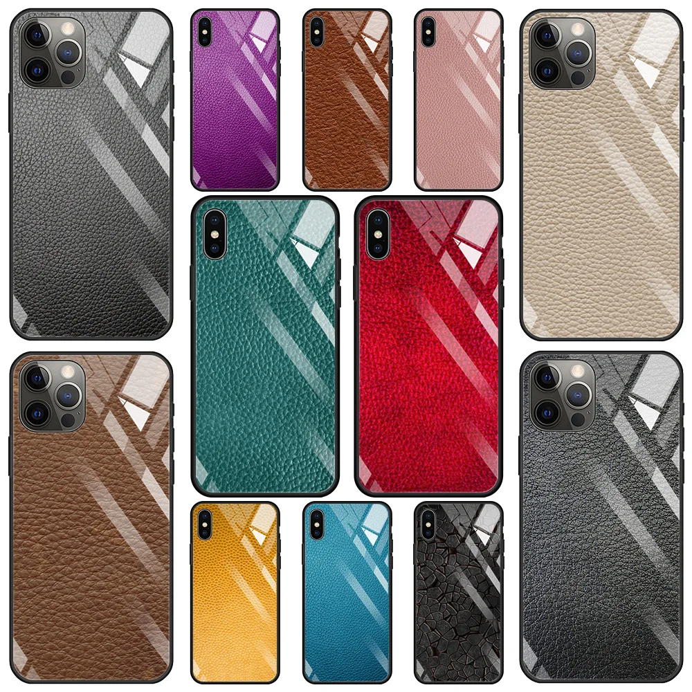 

Leather Pattern Tempered Glass Case For iPhone 13 12 11 Pro Max 12Mini X XR XS Max 8 7 6s Plus SE 2020 Silicone Phone Shell
