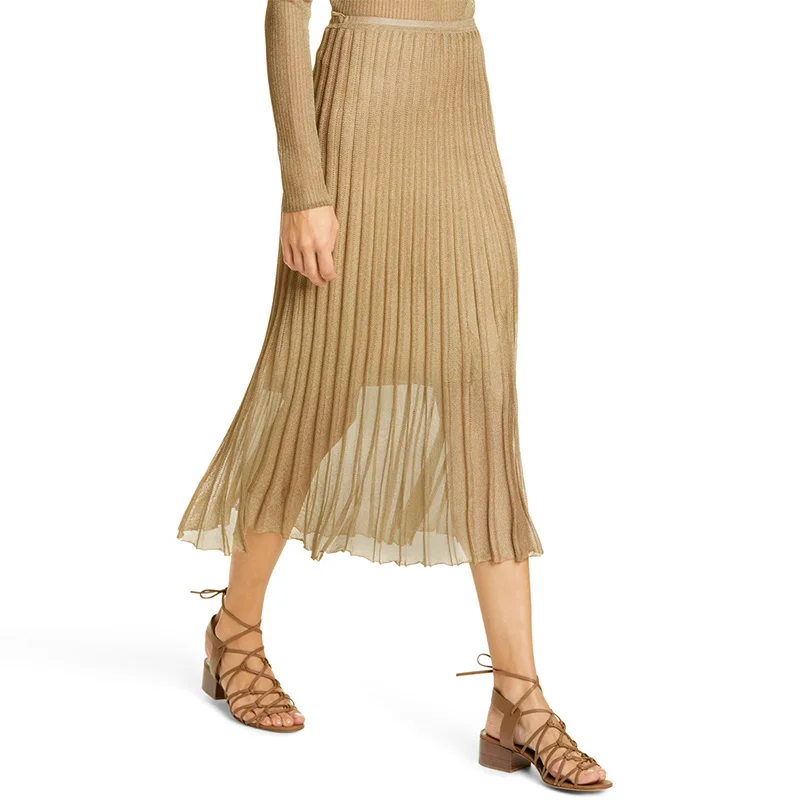 

Brand Fashion Women High-end Luxury Summer Vintage Elegant Heavy Industry Satin High Waist Pleated Midi Skirt