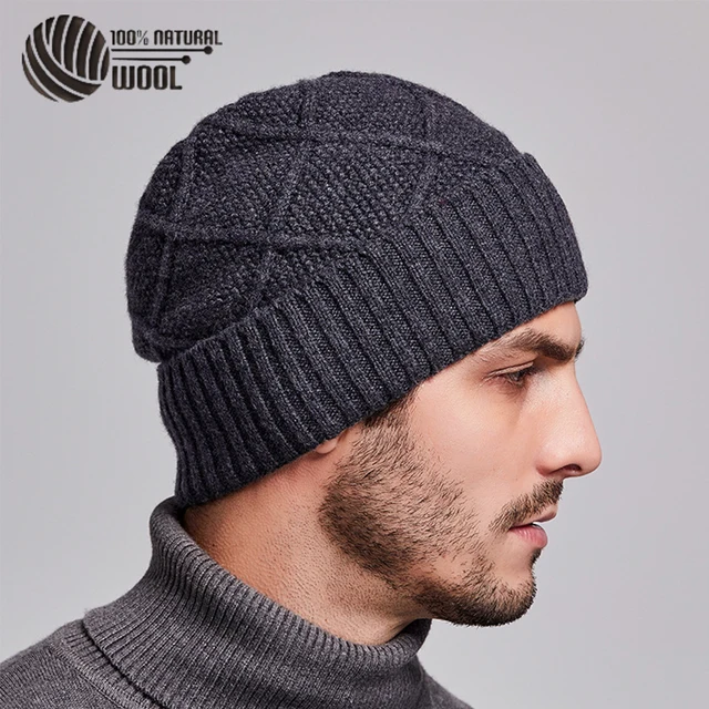 100% Australian Wool Winter Men Knit Slouchy Beanie Hat Cashmere Skullies Hats For Women Caps 1