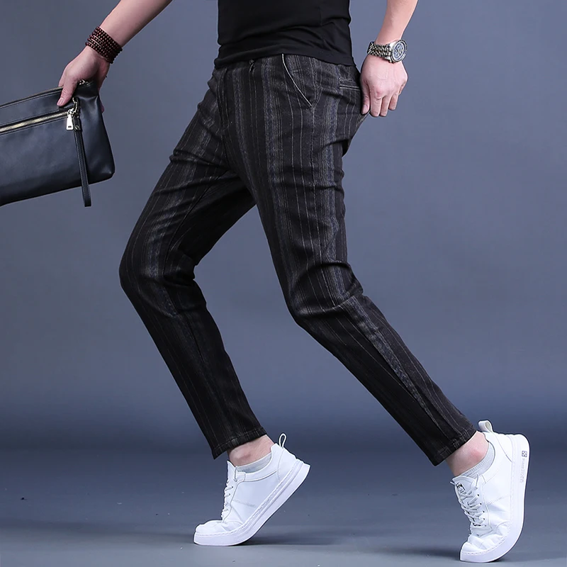 Summer Thin Fashion Striped Jeans Men Black Loose Pencil Pants Korean Style Casual Denim Trousers
