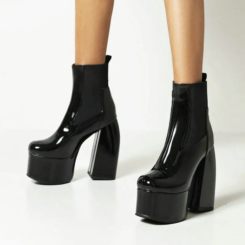 

Sexy Super High Heel Platform Ankle Boots Fashion Patetn Leather Women Boots Autumn Winter Slip On Chelsea Boots Woman Shoes