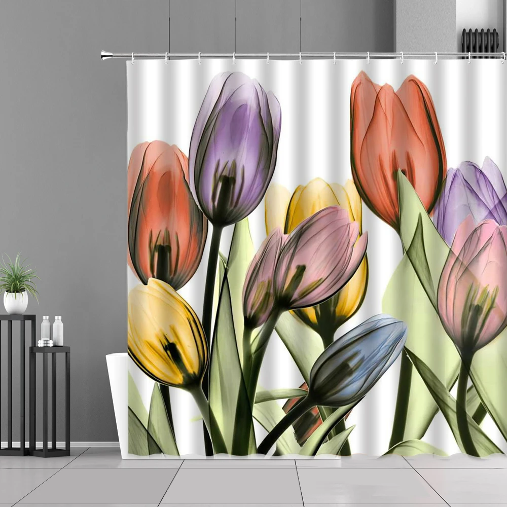 

Colorful Tulip Floral Plant Shower Curtain Spring Flowers Scenery Pattern Bath Curtains Nordic Art Style Home Decor Cloth Screen