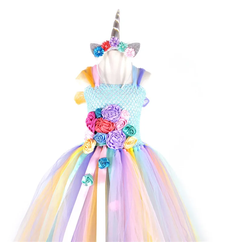 Детское платье с единорогом для девочек Бальное цветочной аппликацией Платья