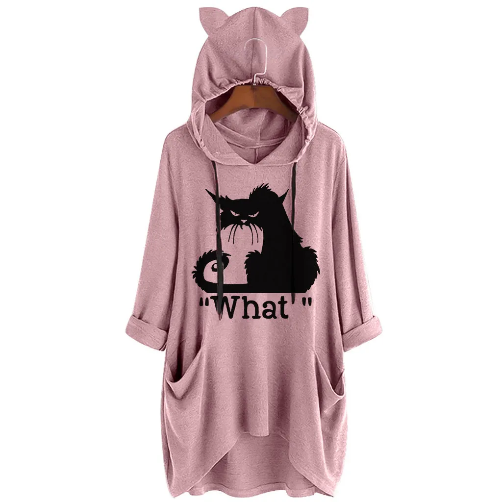 JAYCOSIN Kawaii одежда женские толстовки с длинным рукавом Повседневные с принтом кошачьими ушками и капюшоном с длинными рукавами карман Топ Femme рубашка дропшиппинг