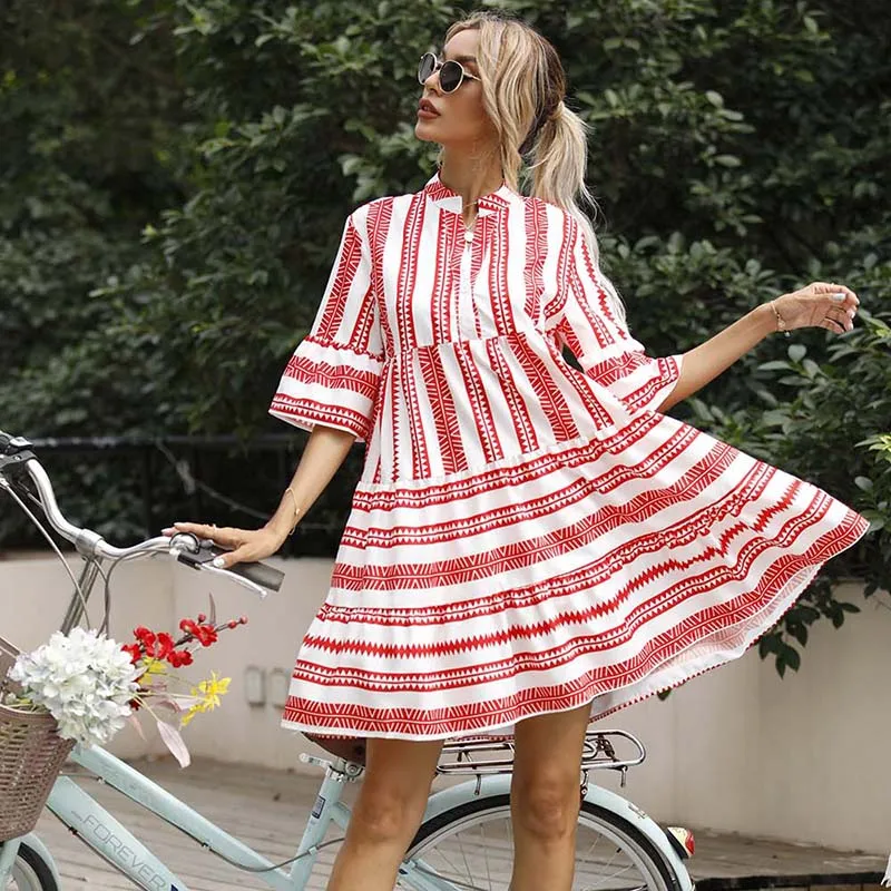 

2021 Summer New Striped Print Ruffled Half Sleeve Mini Dress Women Clothes Casual Loose V-neck Streetwear Ladies Party Dresses