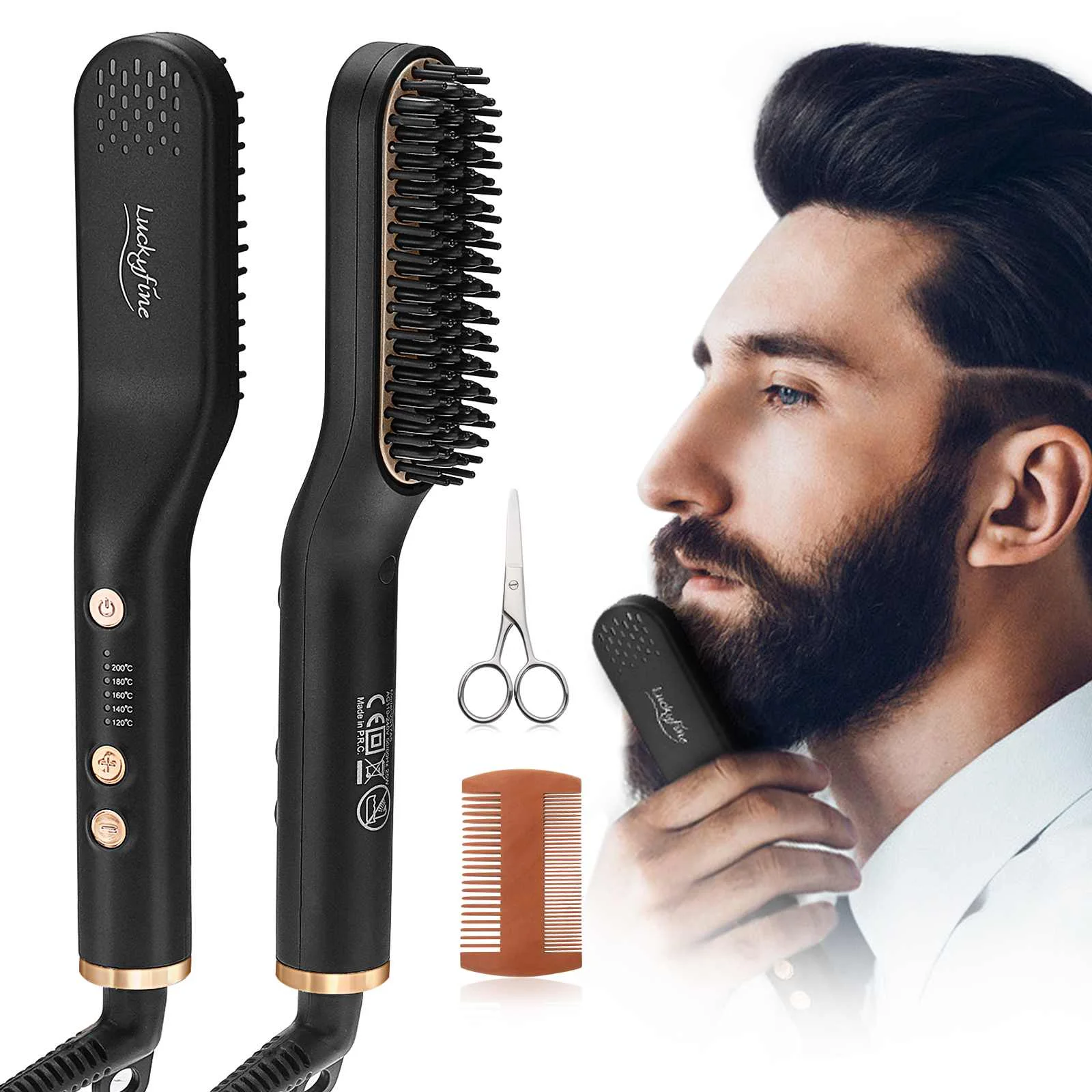 

Luckyfine 5 Gears 2 In 1 Electric Beard Hair Straightener Professional Portable Soft/ Thick Mustache Hair Comb Set With Box