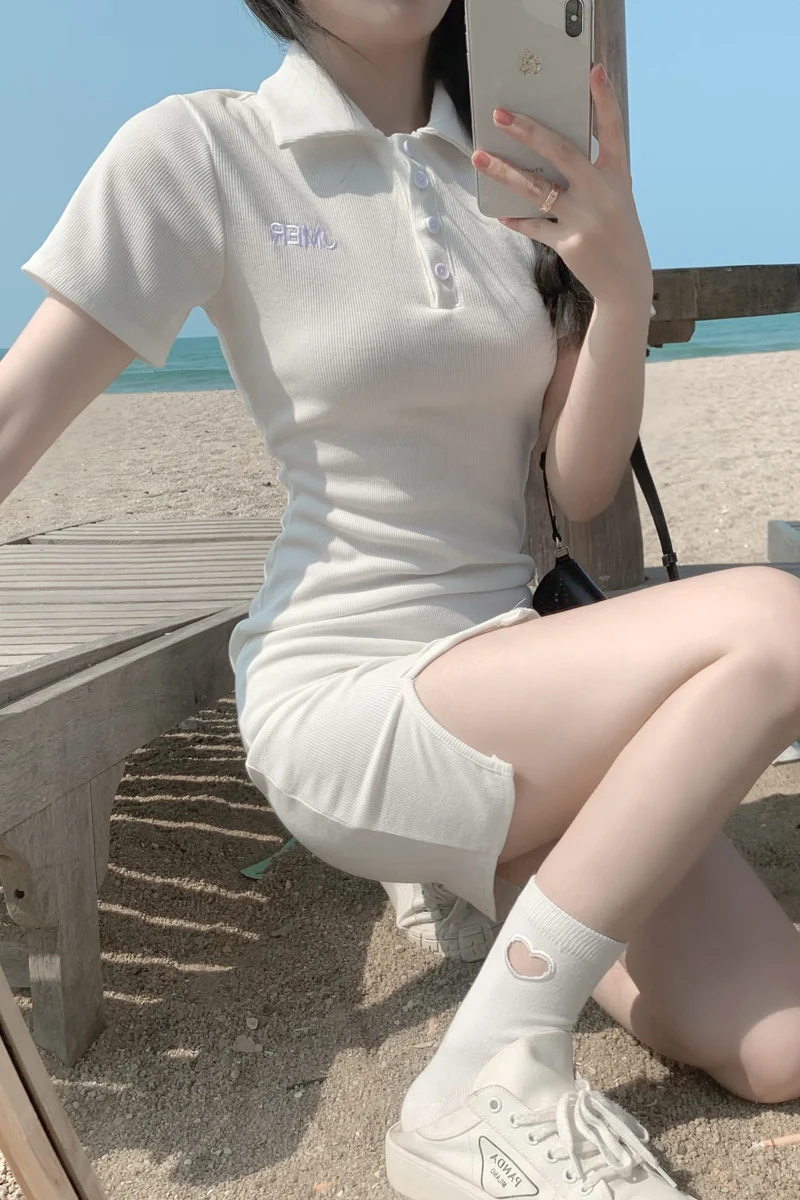 

COIGARSAM Women Mini dress Summer Dresses White Gray 0477