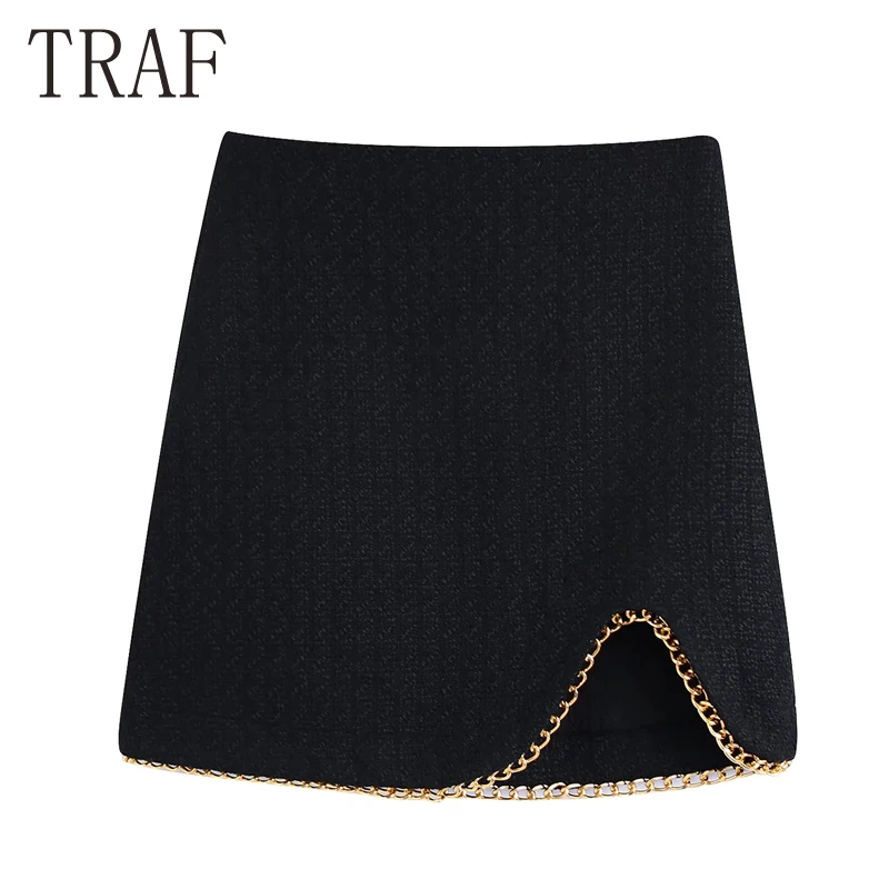 

Женская твидовая мини-юбка с завышенной талией, с цепочкой